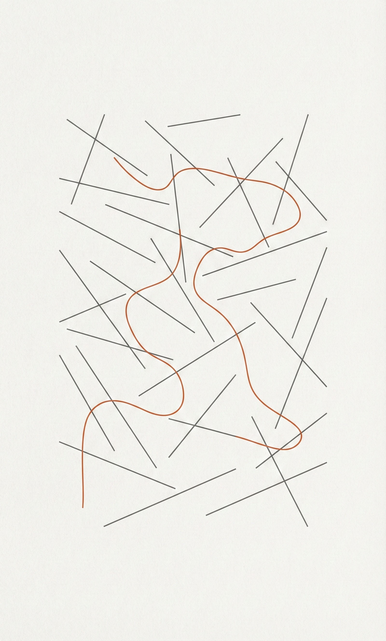 Abstract composition — disconnected gray lines with a single orange line connecting them