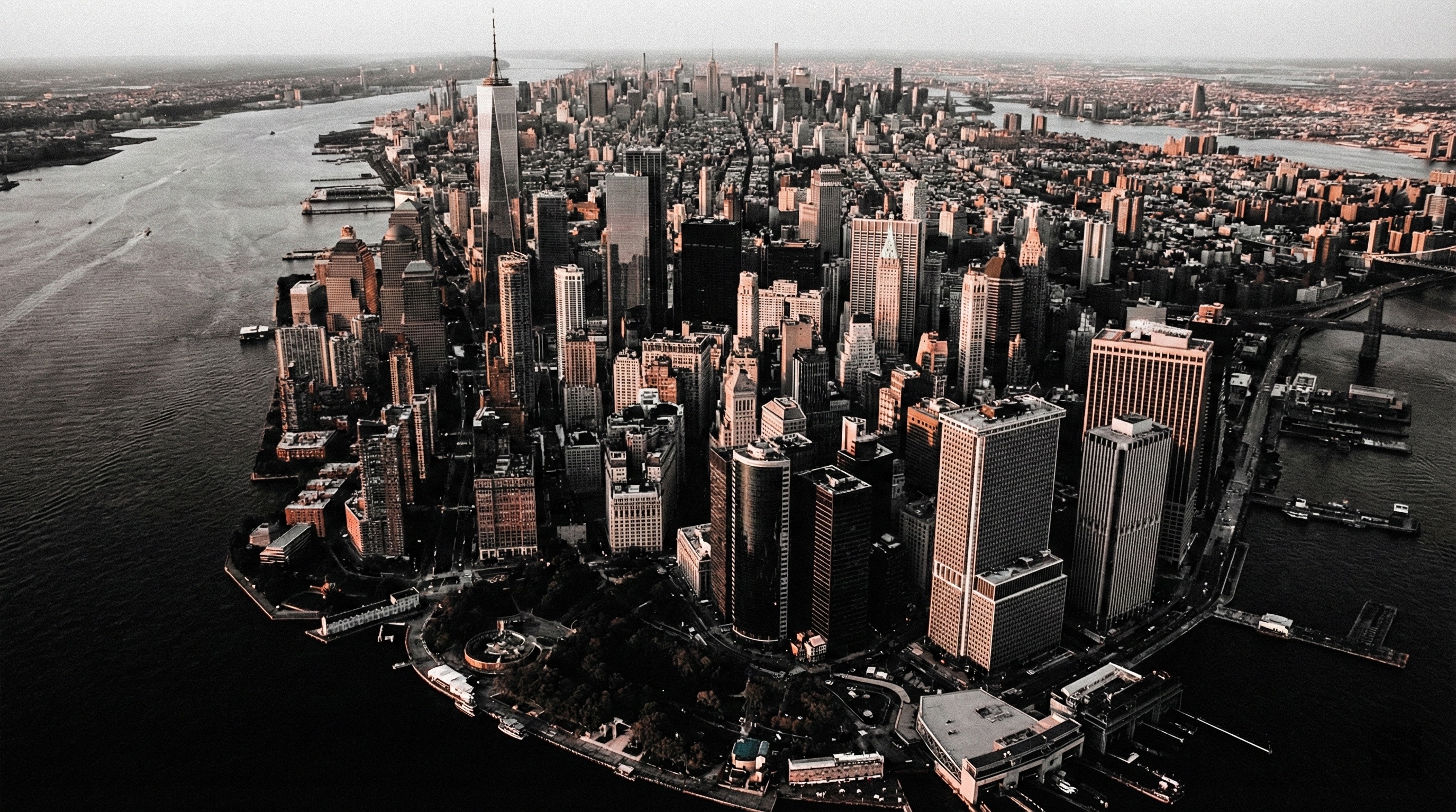 Aerial view of lower Manhattan at golden hour
